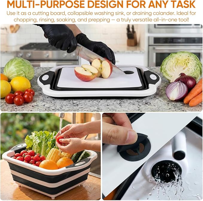Collapsible BBQ Prep Tub with Lid, Foldable Camping Sink with Colander, Cutting Board, Dish Basin for Kitchen, Bowl, Vegetable and Fruit, Storage Basket for Picnic-Black