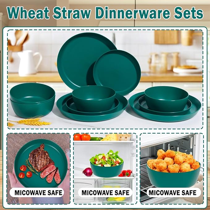 EI 12pcs Dark Green Wheat Straw Plates,Plate and Bowls Sets,Wheat Straw Dinnerware Set,Unbreakabl Plastic Plates Reusable,eMelamine Dinnerware Sets