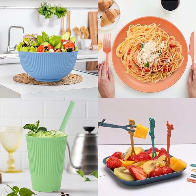 66pcs Unbreakable Tableware Sets for 6 People, Plastic Plates and Bowls Set,Lightweight Plastic Reusable Plates, Bowls, Cups,Cutlery Set, Straw, Forks,Children Dinnerware Set