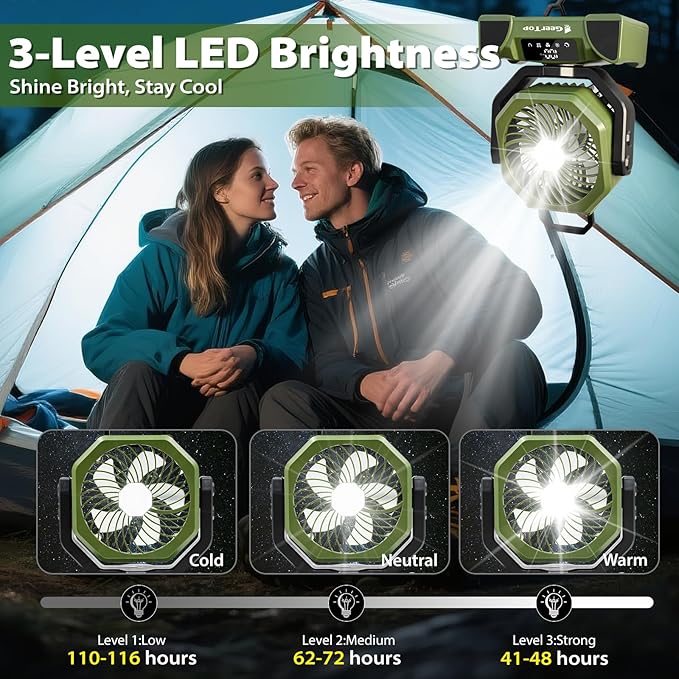GEERTOP 20000mAh Portable Camping Fan Rechargeable, Battery Operated Tent Fans with LED Lantern for Outdoor Backpacking Travel