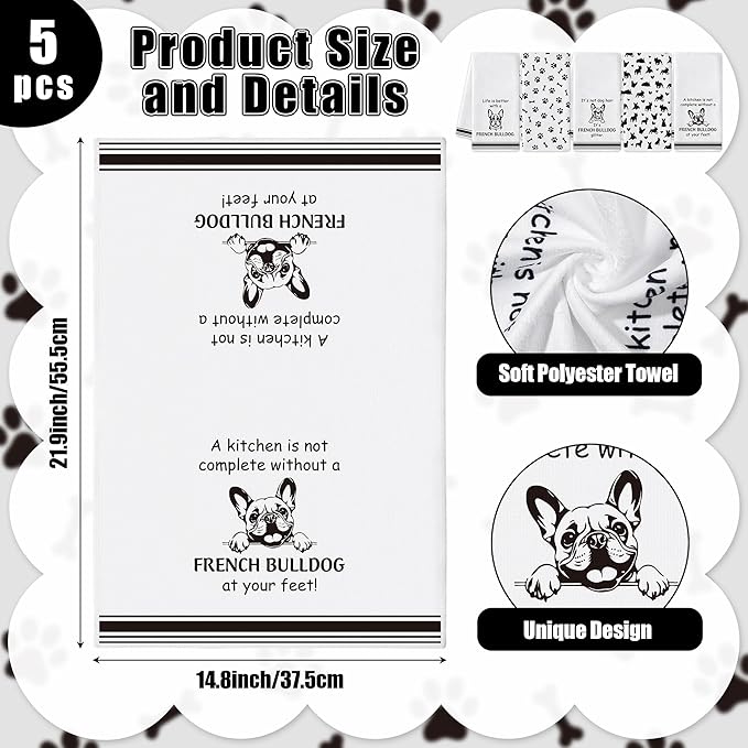 French Bulldog Kitchen Dish Towel - 5Pcs Cute French Bulldog Cleaning Dishcloth Puppy Dog Absorbent Bar Quick Dry Hand Towel Tea Towels for Housewarming Birthday Xmas Gift Bathroom Kitchen Home Decors