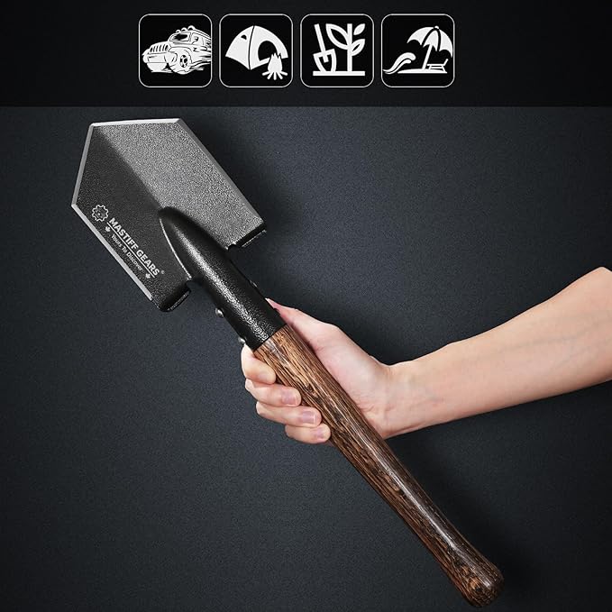 MASTIFF GEARS Tactical Survival Shovel - 43cm/17in, Axe/Machete Replacement, HRC 42-48 1050 Steel Spade, Hand-Carbonized Hardwood Handle & MOLLE Sheath for Camping Hiking Off-Roading Emergency