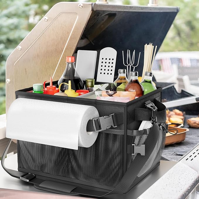 FANGSUN Large Grill and Picnic Caddy with Paper Towel Holder, BBQ Organizer for Utensils, Plates, Condiments, Collapsible & Easy-Carry Griddle Caddy, Must-Haves for Outdoor, Camper, Travel, Car, RV
