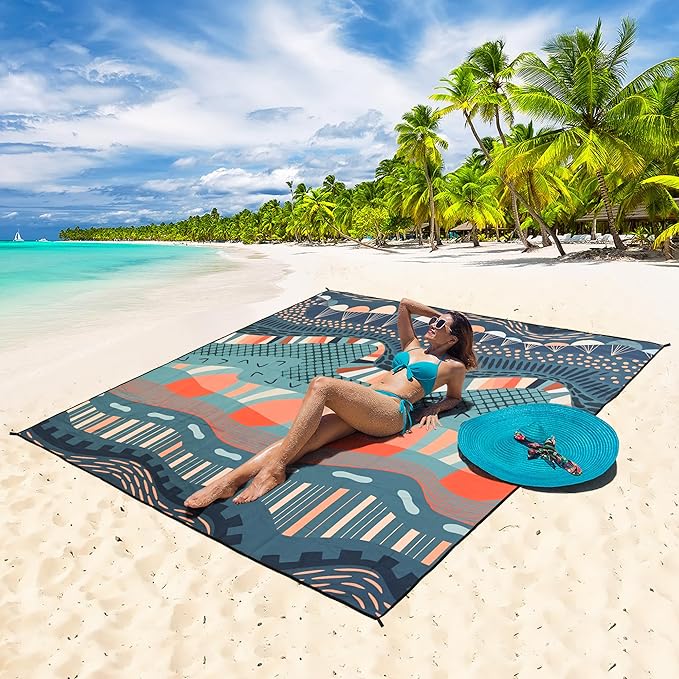 WIWIGO Beach Blanket Waterproof Sandproof Beach Mat 79" X 83"/10'x9'for 2-8 Adults Quick Drying Outdoor Picnic Mat Beach Accessories for Travel, Camping, Hiking