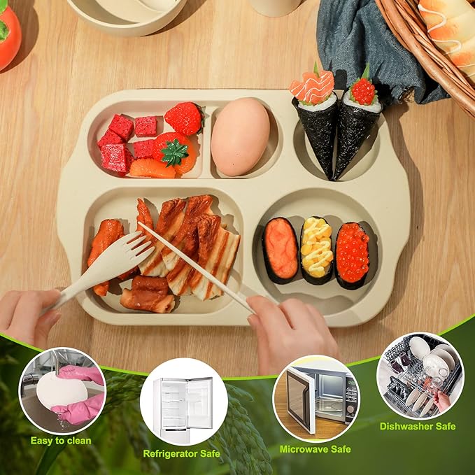 24 Pcs Wheat Straw Dinnerware Cutlery Set for Aldult Including Divided Plates Microwave Dishwasher Safe Bowl Unbreakable Tableware Straw Cutlery Spoon Knife Fork(Beige)