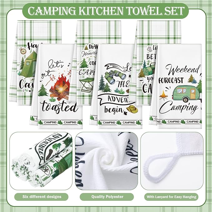 Redbaker 6 Pcs Camping Kitchen Towels Bonfire Tent Car Dishcloth Outdoors Happy Camper Hand Tea Towels Decorative Set Absorbent Camping Decor with Hanging Loop for Camper Gifts RV Accessories(White)