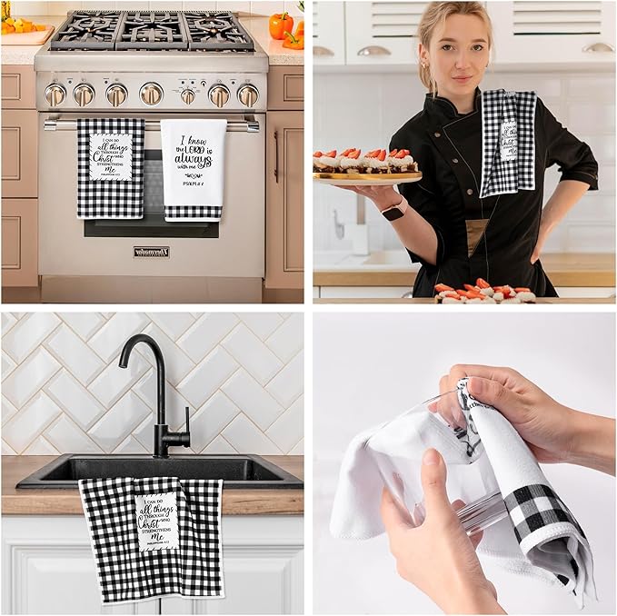 R HORSE 5Pcs Religious Christian Kitchen Dish Towel Black and White Check Cleaning Dishcloth Bible Verse Scripture Absorbent Bar Hand Towel Easter Gift for Women Men Housewarming Decor