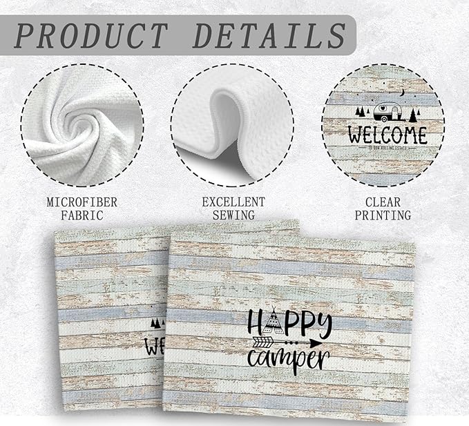 Happy Camper Hand Towels, Camper Gifts, RV Accessories for Inside Fun, Camping Gifts for Women Men, Welcome to Our Rolling Estate Kitchen Towels Dish Towels, Set of 2,16x24