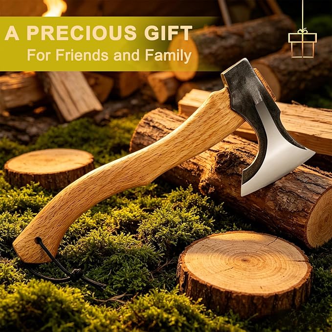 Bushcraft Camping Hatchet, 14.7 in Hand Forged Splitting Axe for Outdoor Wood Splitting Chopping & Carving Tool with Leather Sheath