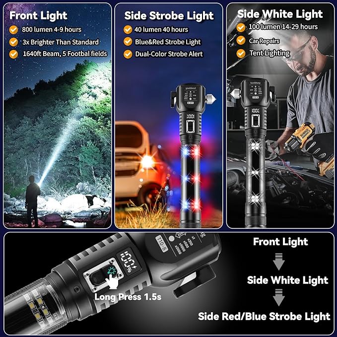 18-in-1 Solar/USB Rechargeable Car Emergency Flashlight Tool - Auto Safety Hammer Glass Breaker, Seatbelt Cutter, Flameless Fire Starter, SOS Alarm, Power Bank, Survival Gear, Driver Gifts