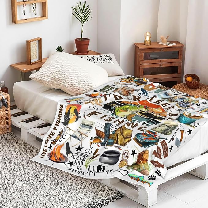 Fishing Blanket Fishing Gifts for Men Stuff Plush Fish Blankets and Throws Fishing Gifts for Fisherman Fishing Lovers Men Women Boys Teens Birthday Party Decorations Camping Hiking 50"X40"