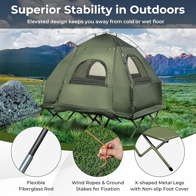 GYMAX Tent Cot, 5-in-1 Folding Camping Cot with Mattress & Pillows, Sleeping Bags, Sunshade, Camping Tent Elevated with Carrying Bag for Outdoor Hiking, Fishing, Picnic