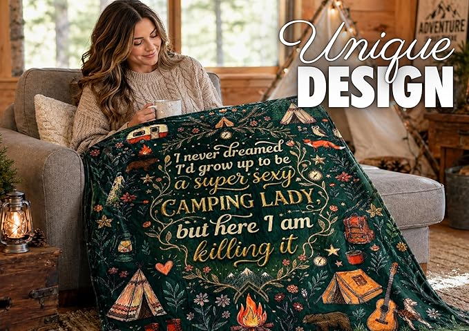 Camping Gifts for Women Men Lovers Throw Blanket, Happy Campers Decor Outdoor, RV Campsite Travel Hiking - Lady, 50" x 65"