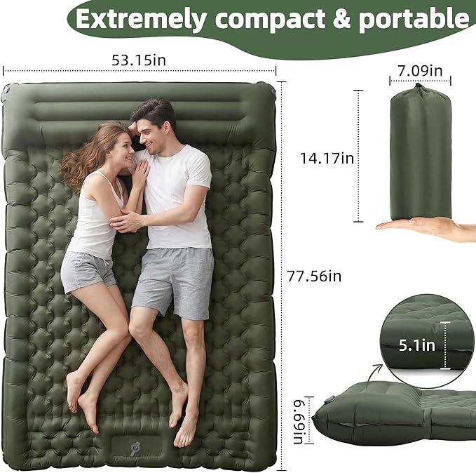 Camping Sleeping Pad, 5.1" Extra-Thick Camping Mattress with Pillow, Built-in Foot Pump Ultralight Inflatable Sleeping Pads for Camping Hiking Backpacking Traveling Tent, Military Green, 2 Person