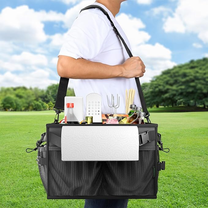 FANGSUN Large Grill and Picnic Caddy with Paper Towel Holder, BBQ Organizer for Utensils, Plates, Condiments, Collapsible & Easy-Carry Griddle Caddy, Must-Haves for Outdoor, Camper, Travel, Car, RV