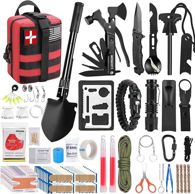 LUXMOM Emergency Survival Kit and First Aid Kit, 142Pcs Professional Survival Gear and Supplies Equipment with Molle Pouch, Gift for Christmas Men Dad Husband Camping Hiking Hunting Outdoor Adventure