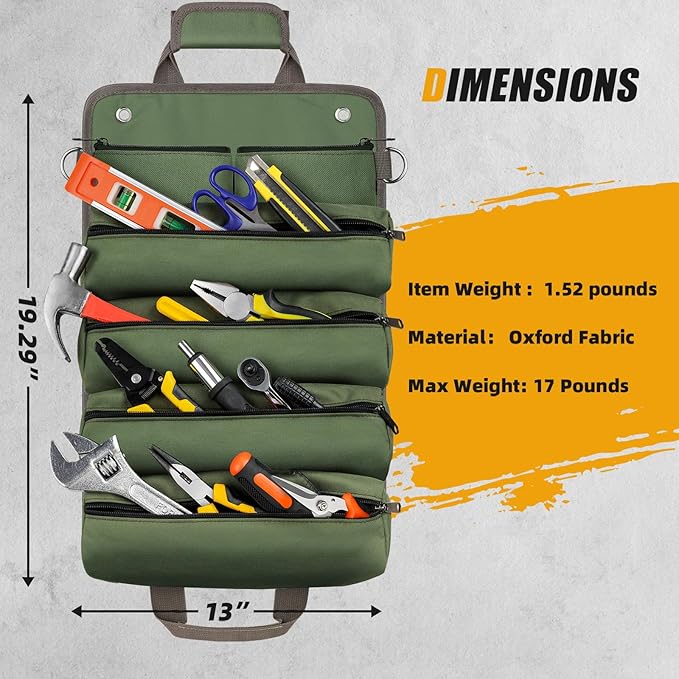 Tool Bag Roll Up, UUP Heavy Duty Portable Soft Tool Storage, Foldable Empty Rollup Organizer with Small Pockets, Official Rollable Toolbag, Father Day Gifts for Him Dad Men Mechanic Welding, Green