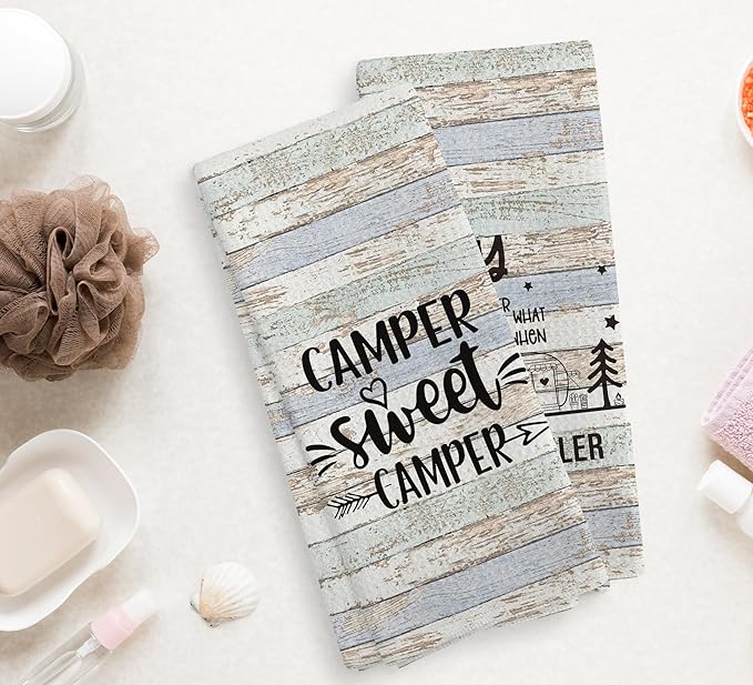 Camper Sweet Camper Camping Kitchen Towels and Dishcloths Sets of 2,Campsite Cabin RV Absorbent Drying Cloth Hand Towels Tea Towels for Bathroom Kitchen,Gifts for Campers Camping Lovers,16×24 inches