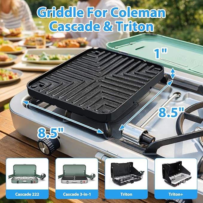 Ceramic Nonstick Reversible Griddle for Coleman Cascade & Triton, 8.5" x 8.5" Square Flat & Ribbed Camping Griddle (1 Pack) | Built-In Storage Fit, No-Wobble Stable Design, For 2-Burner Camp Stoves