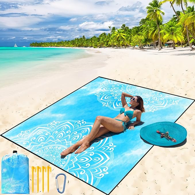 WIWIGO Beach Blanket Waterproof Sandproof Beach Mat 79" X 83"/10'x9'for 2-8 Adults Quick Drying Outdoor Picnic Mat Beach Accessories for Travel, Camping, Hiking