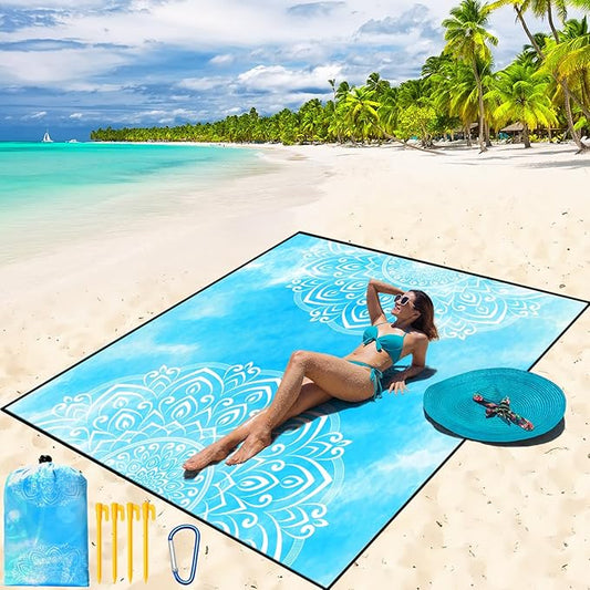 WIWIGO Beach Blanket Waterproof Sandproof Beach Mat 79" X 83"/10'x9'for 2-8 Adults Quick Drying Outdoor Picnic Mat Beach Accessories for Travel, Camping, Hiking
