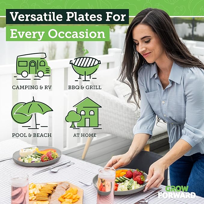 Grow Forward Premium Wheat Straw Plates - 10 Inch Reusable Hard Plastic Dinner Plates Set of 8 - Unbreakable Microwave Safe Plates for Dessert, Camping, RV, Outdoors, Patio, Kitchen Dishes - Feather