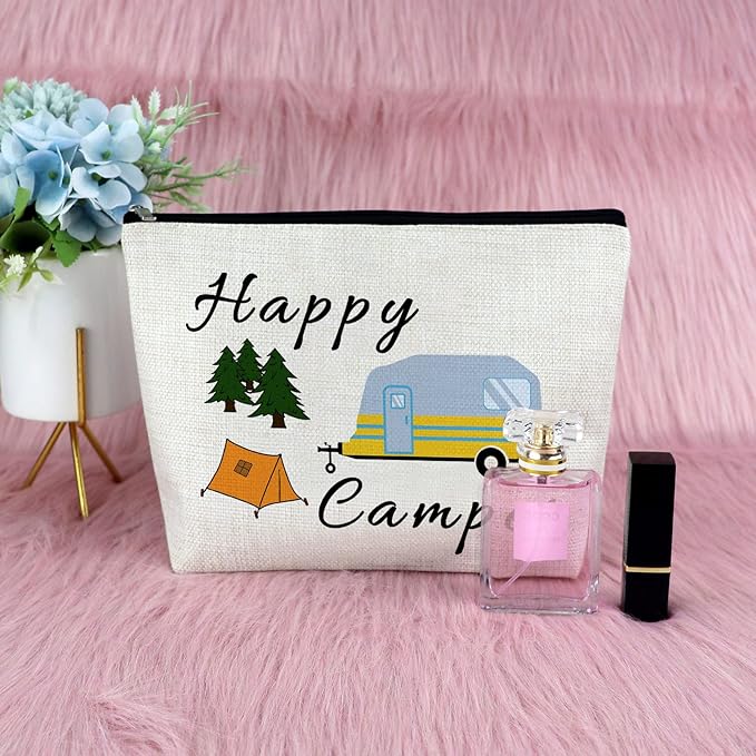 Sazuwu Camper Gifts for Her Makeup Bag Camping Lover Gifts for Women Happy Camper Themed Gifts Cosmetic Bag Funny Camping Gifts for Adults Girls Trip Gifts Vacation Gifts for Friends Travel Pouch