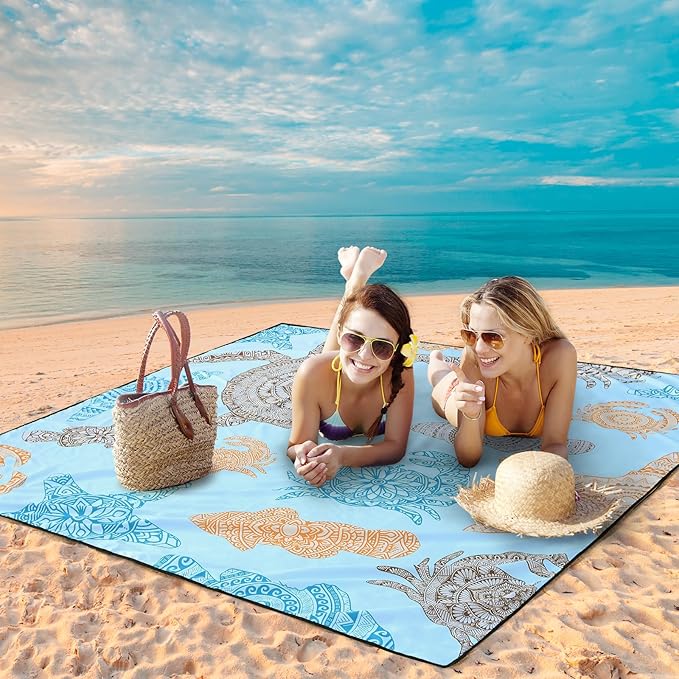 WIWIGO Beach Blanket Waterproof Sandproof Beach Mat 79" X 83"/10'x9'for 2-8 Adults Quick Drying Outdoor Picnic Mat Beach Accessories for Travel, Camping, Hiking