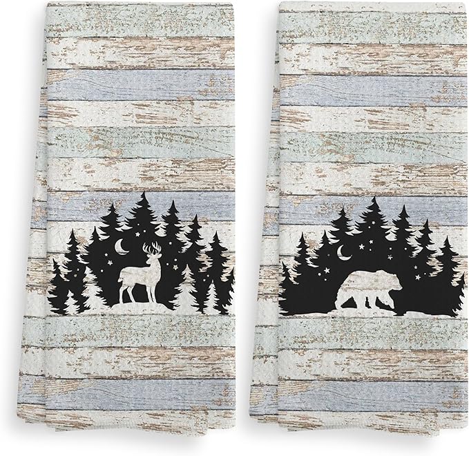 Wild Animal Deer Moose Bear Forest Camping Kitchen Towels and Dishcloths Sets of 2,Campsite Cabin RV Drying Cloth Hand Towels Tea Towels for Bathroom Kitchen,Campers Camping Lovers Gifts,16×24 inches