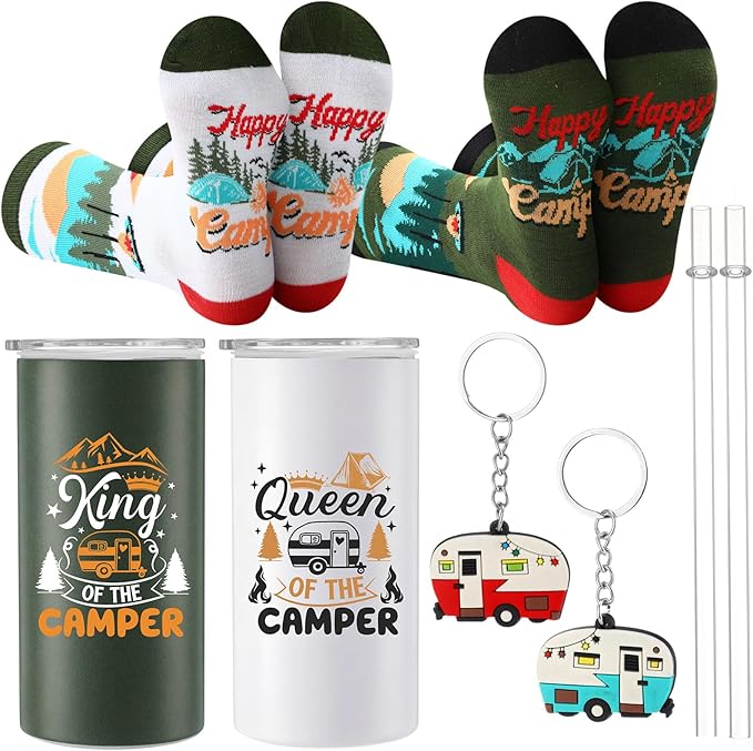 Patelai 6 Pcs Camping Gift Set RV Gifts for Couple Includes 12 oz Stainless Steel Wine Tumblers Unisex Crew Socks Keychains Outdoor Gifts for Women Men Picnics Hiking RV (Delicate)