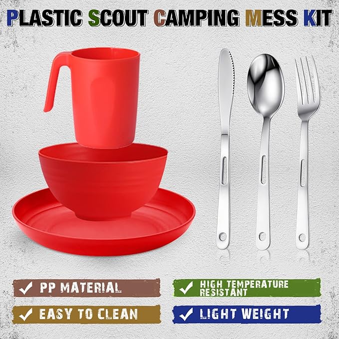 Scout Camping Mess Kit for Person Boy Scout Dishes Set Girl Scout Mess Kit with Mesh Bag Reusable Light Weight Eating Utensils Plastic Camping Cutlery Set for Travel Camp
