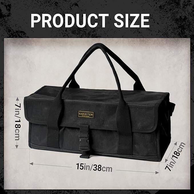 Flip Lid Camping Tool Bag, 15" Multi-Container Storage Soft Case, Water-Resistant Camping Tool Tote for Tent Stakes, Cooking Gear, Cutlery, Utensil, Flatware, Tea Kettle and Tools, Black