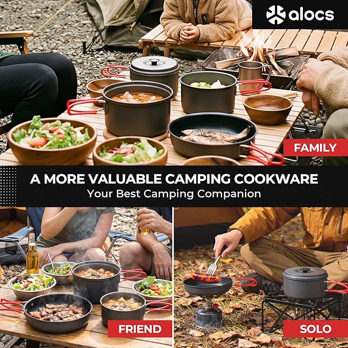 Alocs Camping Cookware Set Camping Gear, Compact Camping Pots and Pans Set, Durable Hard Alumina Camping Cooking Set for Outdoor Backpacking Camping Hiking Picnic, Included Mesh Carry Bag