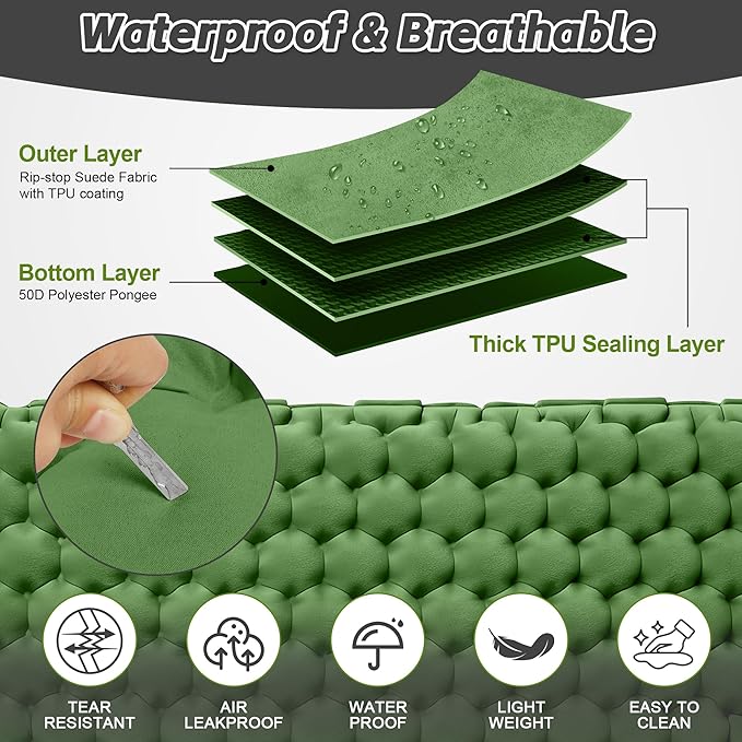 HiiPeak Double Sleeping Pad for Camping - Suede Top Camping Mattress with Pillow, Built-in Foot Pump, Compact Inflatable 2-Person Portable Mat for Backpacking, Hiking, Car Traveling, Beach, Tent