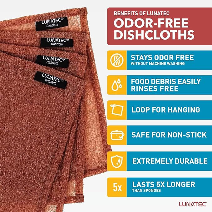 Lunatec® Odor-Free Kitchen Dishcloths. A Scrubber and scouring pad for All Surfaces. Safe for Non-Stick. (6-Pack)