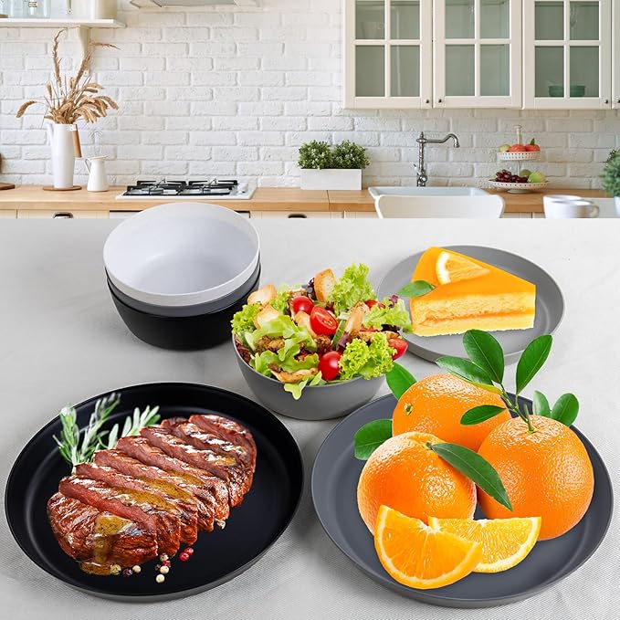 EI 12pcs Wheat Straw Plates,Wheat Straw Dinnerware Set,Plate and Bowls Sets,Plastic Plates Reusable-White,Black,Grey,Dark Grey,Dinner Plate Set of 4 Kitchen,Picnic