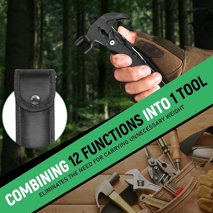 DETDLIB12-in-1 Multitool Hammer, Birthday Gifts for Men, Essential for Camping, Hiking, Cool Gadget, Gifts for Men. Women, Dad, Him, Husband, Father, Mechanic, Boyfriend, Black