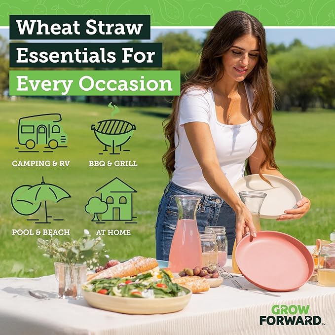 Grow Forward Premium Wheat Straw Plates and Bowls Sets - 8-Piece Wheat Straw Dinnerware Sets - Unbreakable & Reusable Microwave Safe Plastic Dinner Plates for Outdoors, RV, Camping Dishes - Tropical