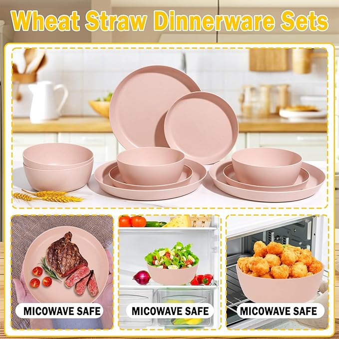 EI 12pcs Pink Wheat Straw Plates,Wheat Straw Dinnerware Set for 4,Plates and Bowls Sets,Plastic Plate Reusable,Unbreakable Plastic Plate Melamine,Camping Family Dishes Set