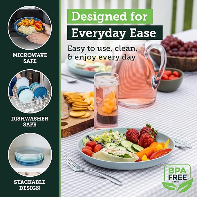 Grow Forward Premium Wheat Straw Plates - 10 Inch Reusable Hard Plastic Dinner Plates Set of 8 - Unbreakable Microwave Safe Plates for Dessert, Camping, RV, Outdoors, Patio, Kitchen Dishes - Seascape