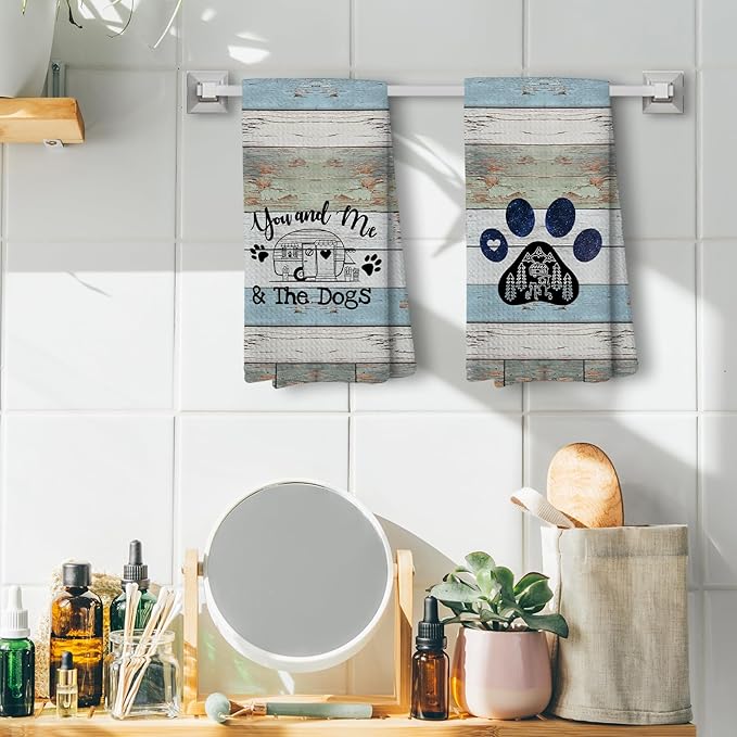 Vintage Blue You and Me and The Dogs Camping Kitchen Towels, Dog Kitchen Towels, RV Campsite Decor, Camping Supplies for RV Campers Campers Lovers Women Men 16x24 in Set of 2