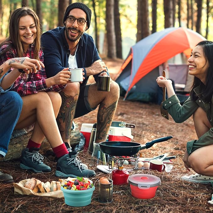 Suclain 4 Pcs Collapsible Bowls with Lids Silicone Camping Food Storage Container Expandable Folding Salad Lunch Box Travel Container for Hiking Camping