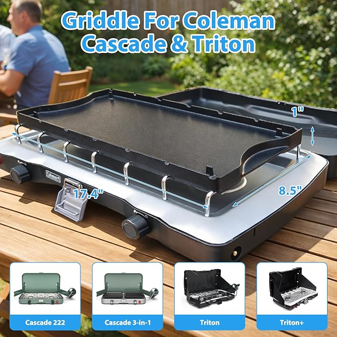 Ceramic Nonstick Reversible Griddle for Coleman Cascade & Triton, 17.4" x 8.5" Flat & Ribbed Camping Griddle | Built-In Storage Fit, No-Wobble Stable Design, Compatible with 2-Burner Camp Stoves