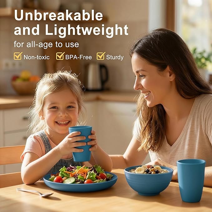 Wheat Straw Dinnerware Sets for 8, Unbreakable Bowl and Plate Set 40 Piece, Reusable Plastic Dish Sets for 8, Microwave and Dishwahser Safe Dining Set, Apartment and Kitchen Essentials - Blue