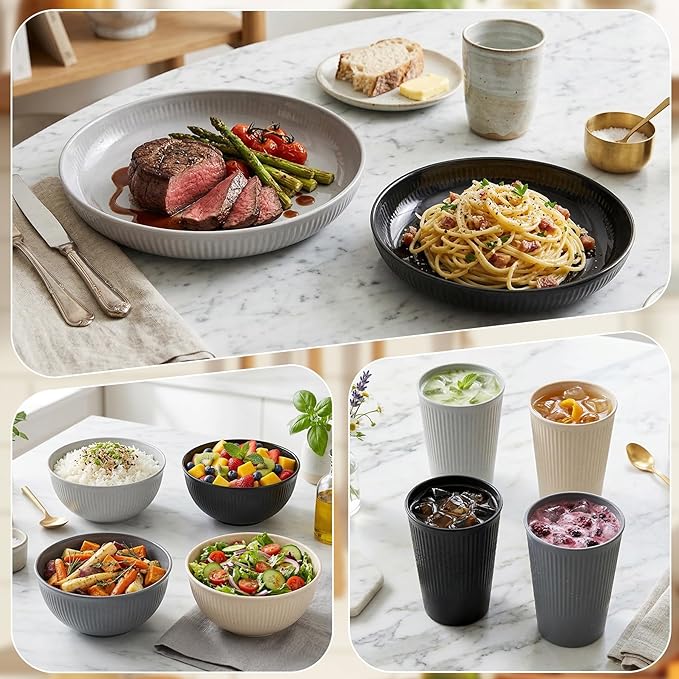 Unbreakable Dinnerware Sets for 4 People,16pcs Camping Plates and Bowls Set, Reusable Picnic Set plastic Plates, Cups, Bowls for Children, Adult, Party, Home