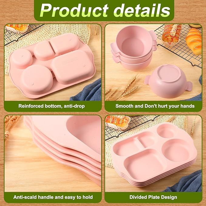 24 Pcs Wheat Straw Dinnerware Cutlery Set for Aldult Including Divided Plates Microwave Dishwasher Safe Bowl Unbreakable Tableware Straw Cutlery Spoon Knife Fork(Pink)