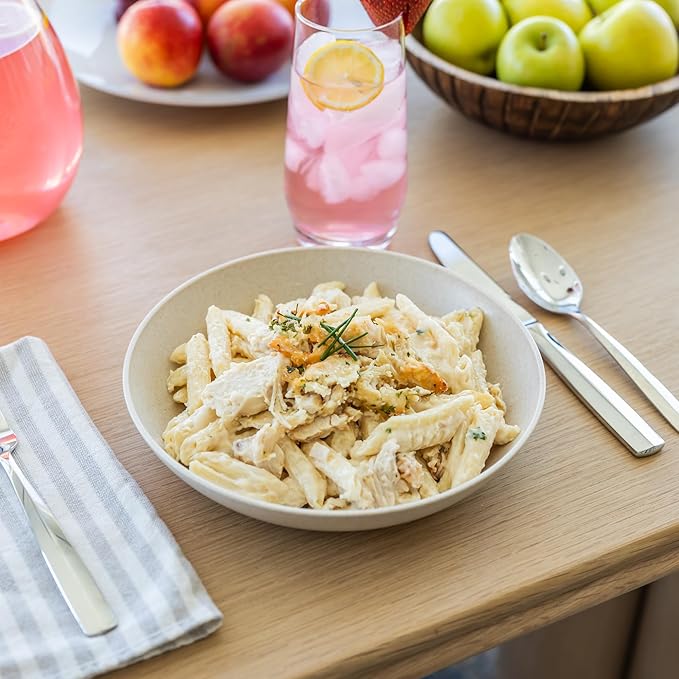 Grow Forward Premium Wheat Straw Pasta Bowls - 42oz Unbreakable Wide & Shallow Dinner Plate Bowls Set of 6 - Microwave Safe Reusable Plastic Pasta Bowls for Kids, Adults, Salad, Camping, RV - Sahara