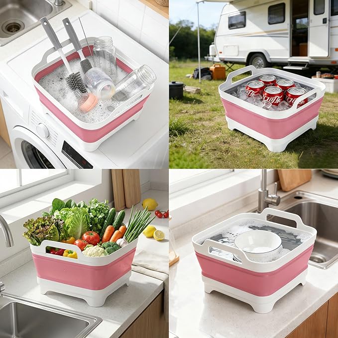 Volnamal Collapsible Wash Basin for Baby Bottles - Portable 2.4 Gallon Dish Basin with Drying Rack & Lid, Foldable RV Sink Tub for Camping, Sturdy Wash Tub for Kitchen, Camping, Outdoor Use(Pink)