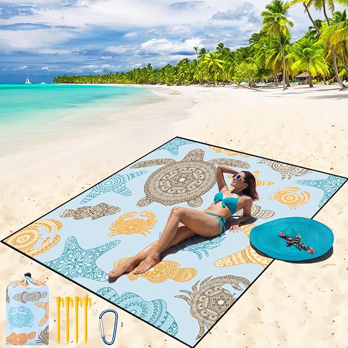 WIWIGO Beach Blanket Waterproof Sandproof Beach Mat 79" X 83"/10'x9'for 2-8 Adults Quick Drying Outdoor Picnic Mat Beach Accessories for Travel, Camping, Hiking