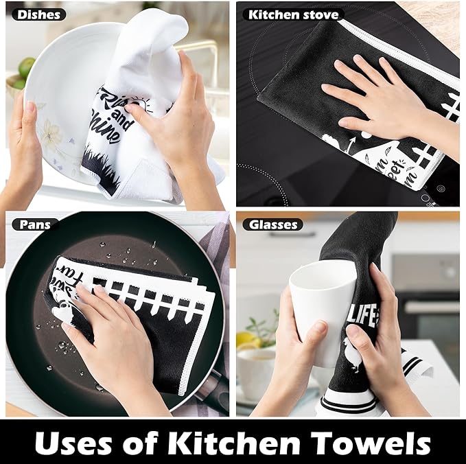 R HORSE Funny Chickens Kitchen Dish Towe - 5Pcs Farm Rooster Themed Kitchen Dishcloth Black White Chickens Absorbent Cleaning Dishcloth Bar Hilarious HandHand Towels for Mom Women Housewarming Gifts